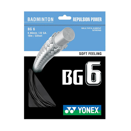 Yonex BG 6 badminton string – durable high-repulsion string for powerful smashes and fast gameplay.