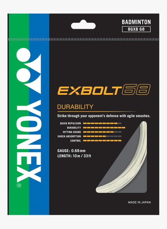 Yonex Exbolt 68 badminton string – durable, medium-thin string with quick repulsion, sharp control, and solid feel for all-round performance.