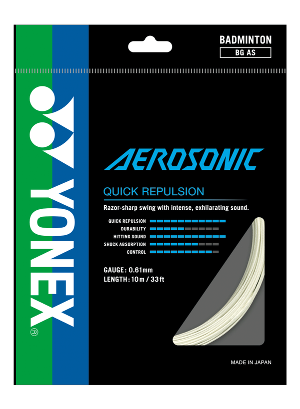 Yonex BG Aerosonic badminton string – ultra-thin high-repulsion string for maximum speed, quick repulsion, and powerful smashes.