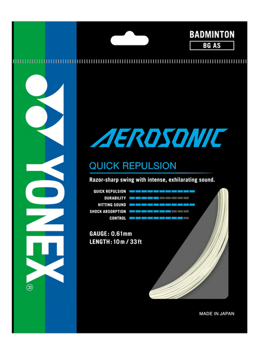 Yonex BG Aerosonic badminton string – ultra-thin high-repulsion string for maximum speed, quick repulsion, and powerful smashes.