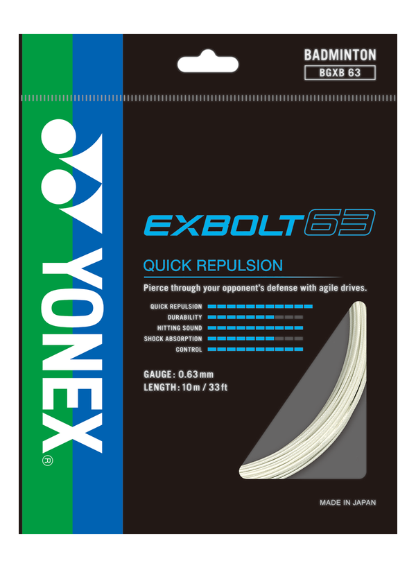 Yonex Exbolt 63 badminton string – ultra-thin, high-durability string with quick repulsion and sharp control for attacking players.
